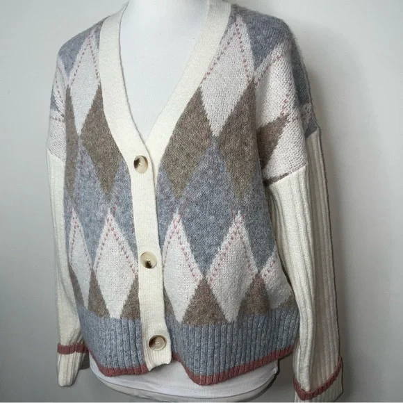 Rachel Zoe Academia Argyle Preppy Cardigan Sweater Size S Neutral Long Sleeve - Picture 4 of 12